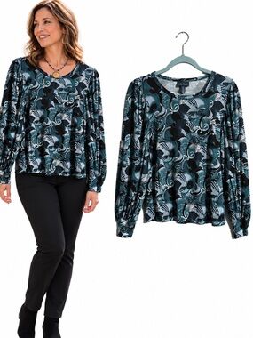 ModCloth Teal, Black and White Peacock Print Fitted Cuff Long-Sleeve Shirt